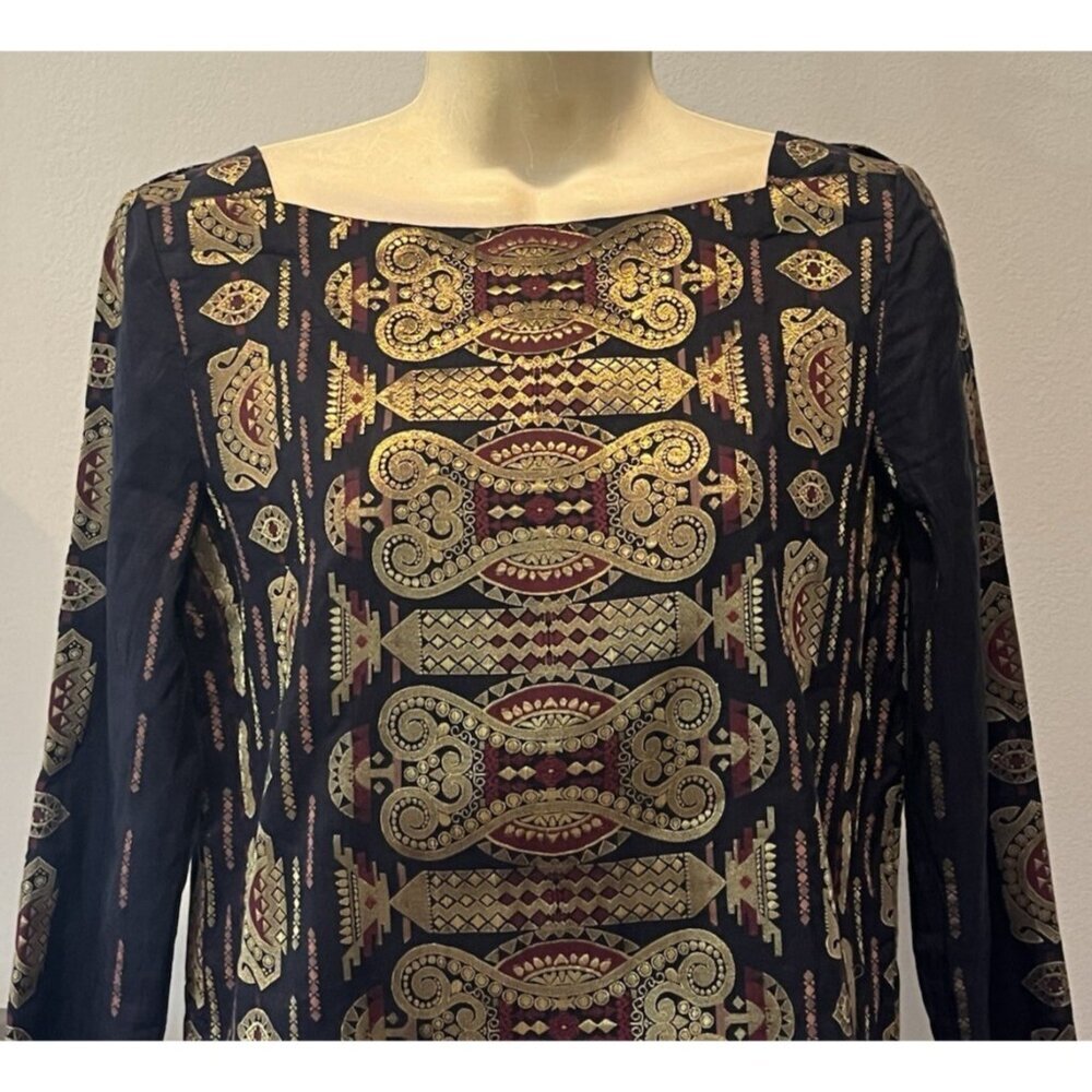 Tory Burch Gold Navy Metallic Jacquard Blouse Tunic Top - Authentic! - Picture 6 of 11